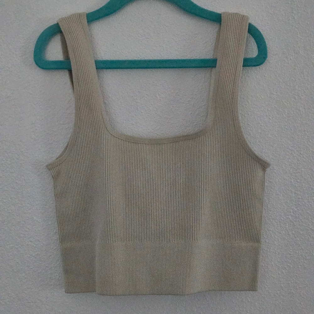 Zenana Beige Ribbed Seamless Cropped Tank Top Square Neck Brami NT-54019A L/XL